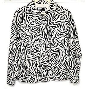 Carole Little 100% Linen Jacket 1X- White/Black Zebra Animal Print-Button down